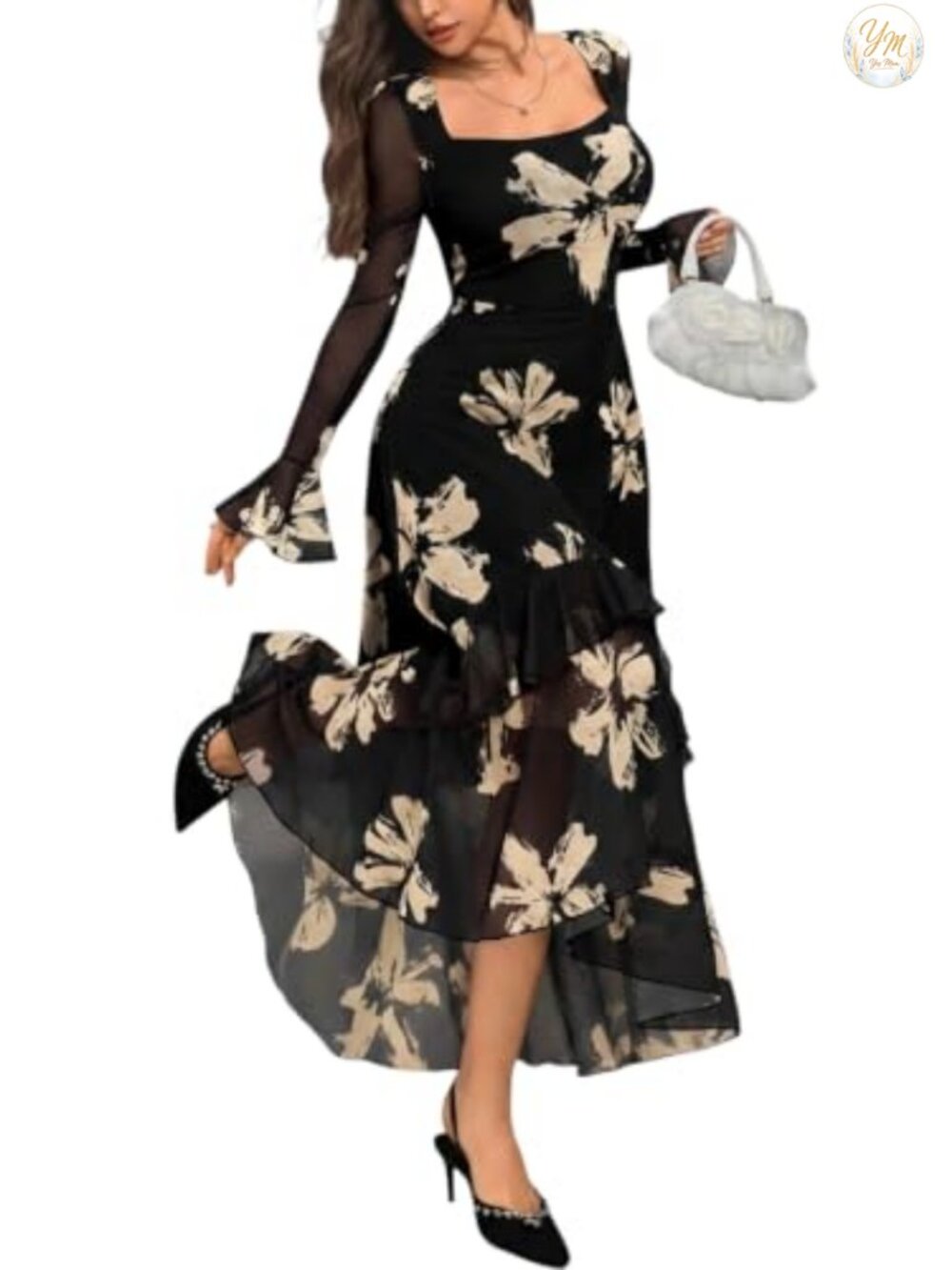 Floral Mesh Square Neck Bell Sleeve A-Line Maxi Dress Wedding Guest